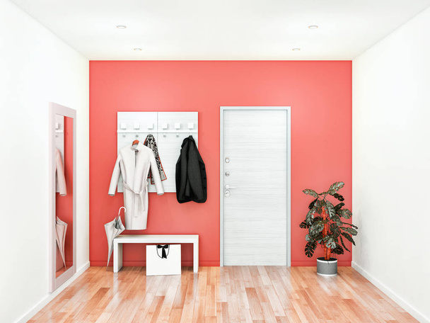 Interior moderno da sala de estar com porta e aparador 3D renderização Ilustração
 - Foto, Imagem