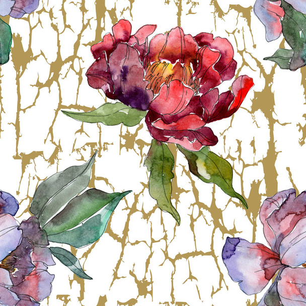 Red and purple peonies. Watercolor illustration set. Seamless background pattern. Fabric wallpaper print texture. - Fotó, kép