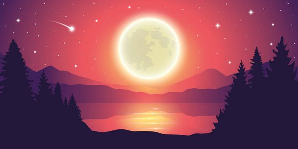 ロマンチックな満月と湖の風景に流れ星 - ベクター画像