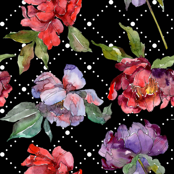 Red and purple peonies. Watercolor illustration set. Seamless background pattern. Fabric wallpaper print texture. - Fotó, kép