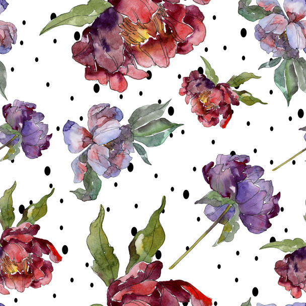 Red and purple peonies. Watercolor illustration set. Seamless background pattern. Fabric wallpaper print texture. - Foto, Imagem