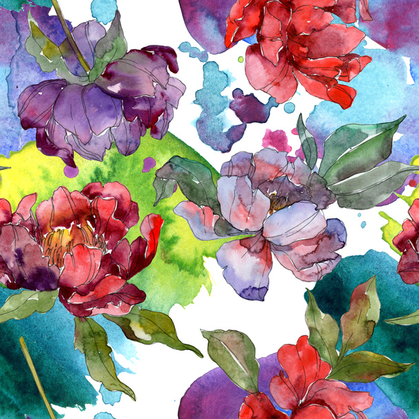 Red and purple peonies. Watercolor illustration set. Seamless background pattern. Fabric wallpaper print texture. - Photo, Image