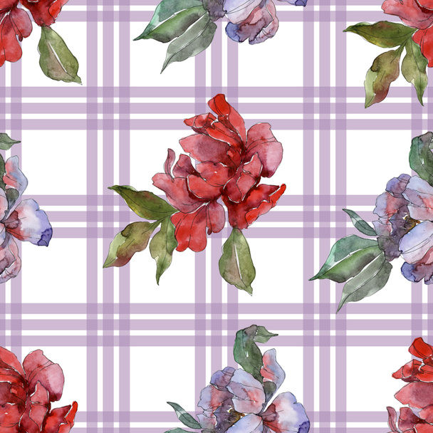 Red and purple peonies. Watercolor illustration set. Seamless background pattern. Fabric wallpaper print texture. - Zdjęcie, obraz