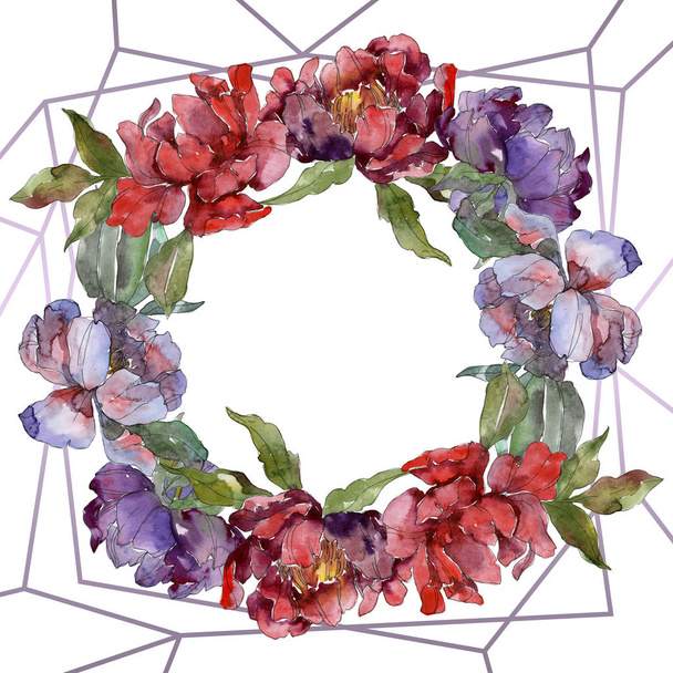 Red and purple peonies. Watercolor background illustration set. Frame border ornament with copy space. - Foto, immagini