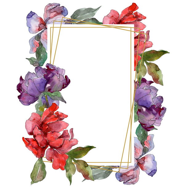 Red and purple peonies. Watercolor background illustration set. Frame border ornament with copy space. - Φωτογραφία, εικόνα