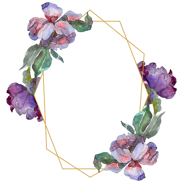 Purple peonies. Watercolor background illustration set. Frame border ornament with copy space. - 写真・画像