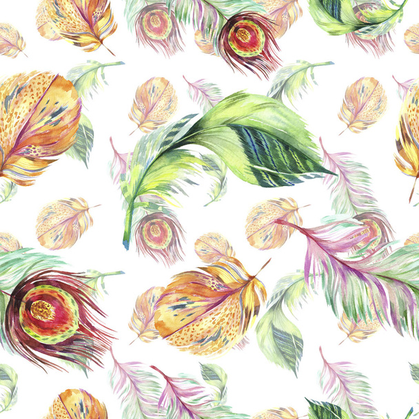 Colorful bird feather from wing. Watercolor background illustration set. Watercolour drawing fashion aquarelle isolated. Seamless background pattern. Fabric wallpaper print texture. - Photo, image