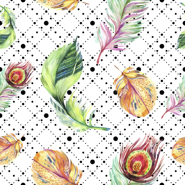 Colorful bird feather from wing. Watercolor background illustration set. Watercolour drawing fashion aquarelle isolated. Seamless background pattern. Fabric wallpaper print texture. - 写真・画像
