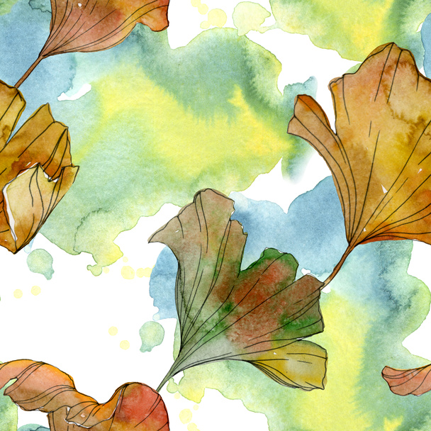Green yellow ginkgo biloba leaf plant botanical foliage. Watercolor illustration set. Watercolour drawing fashion aquarelle isolated. Seamless background pattern. Fabric wallpaper print texture. - Photo, Image