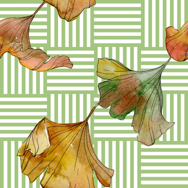 Groen geel ginkgo biloba blad plant botanische gebladerte. Aquarel illustratie set. Aquarel tekenen mode aquarelle geïsoleerd. Naadloze achtergrondpatroon. Structuur behang print textuur. - Foto, afbeelding