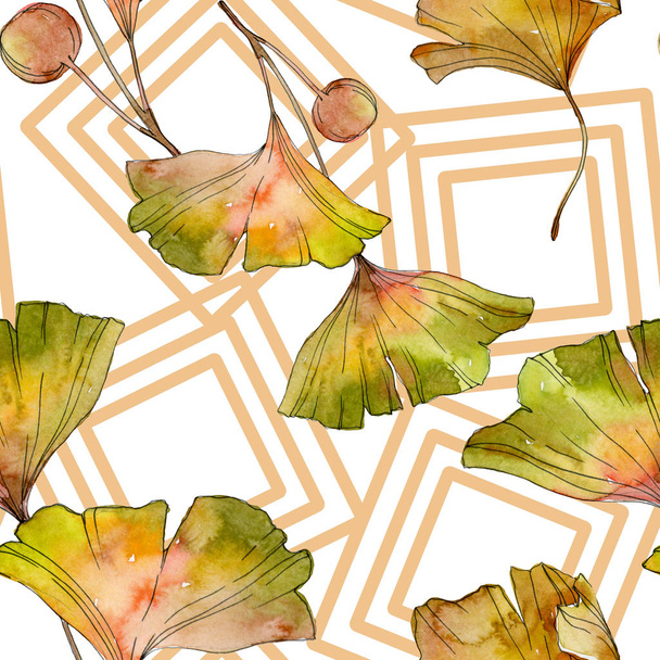 Green yellow ginkgo biloba leaf plant botanical foliage. Watercolor illustration set. Watercolour drawing fashion aquarelle isolated. Seamless background pattern. Fabric wallpaper print texture. - Foto, afbeelding
