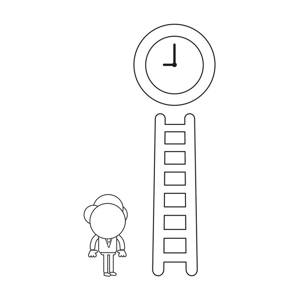Vector illustration businessman character reach clock with wooden ladder. Black outline. - Vector, Image