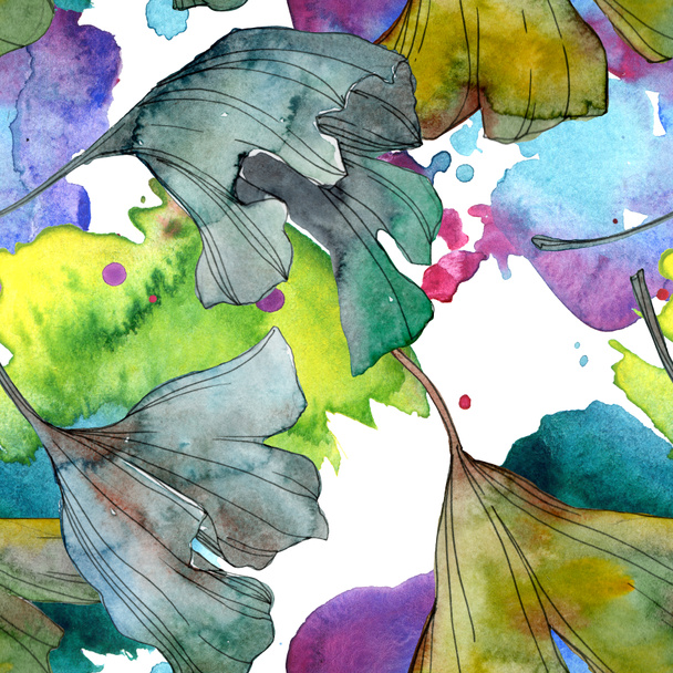 Ginkgo biloba yaprak bitki botanik bahçe çiçek yaprakları. Suluboya resim kümesi. Suluboya çizim moda aquarelle izole. Sorunsuz arka plan deseni. Kumaş duvar kağıdı yazdırma doku. - Fotoğraf, Görsel