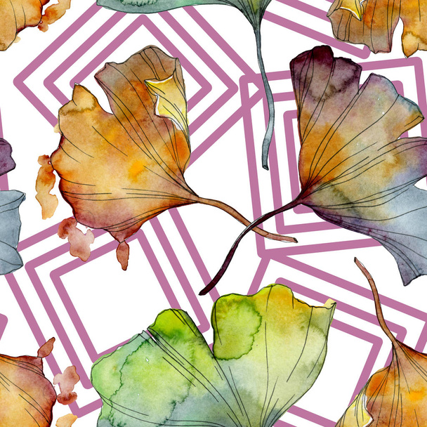 Ginkgo biloba leaf plant botanical garden floral foliage. Watercolor illustration set. Watercolour drawing fashion aquarelle isolated. Seamless background pattern. Fabric wallpaper print texture. - 写真・画像