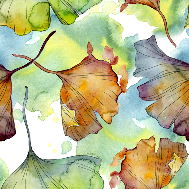 イチョウ葉は植物植物園花葉です。水彩イラスト セット。水彩描画のファッション aquarelle 分離します。シームレスな背景パターン。壁紙印刷手触りの生地. - 写真・画像