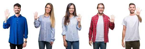 白い分離背景表示と指で上向きに若い人たちのコラージュ数は自信を持って、幸せな笑みを浮かべている間 5. - 写真・画像