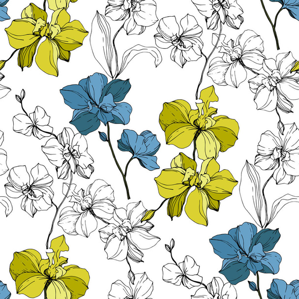 Vector blue and yellow orchids isolated on white. Seamless background pattern. Fabric wallpaper print texture. - Διάνυσμα, εικόνα