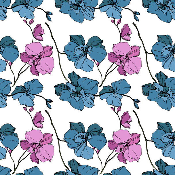 Vector blue and purple orchids isolated on white. Seamless background pattern. Fabric wallpaper print texture. - Вектор, зображення