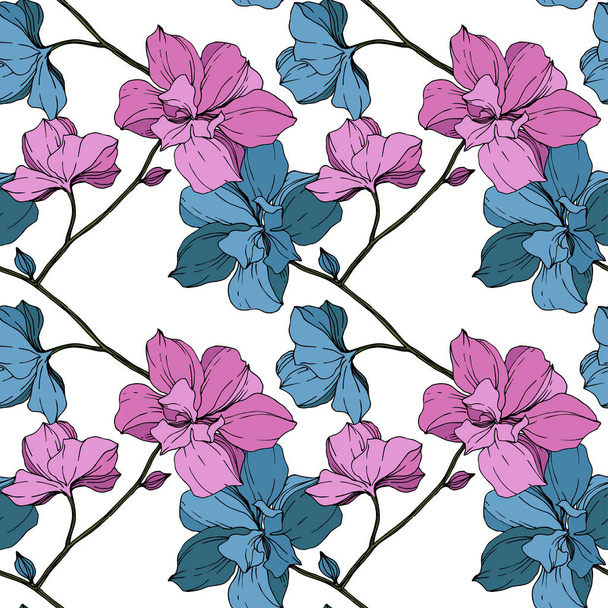 Vector orquídeas azules y púrpuras aisladas en blanco. Patrón de fondo sin costuras. Textura de impresión de papel pintado de tela
. - Vector, imagen