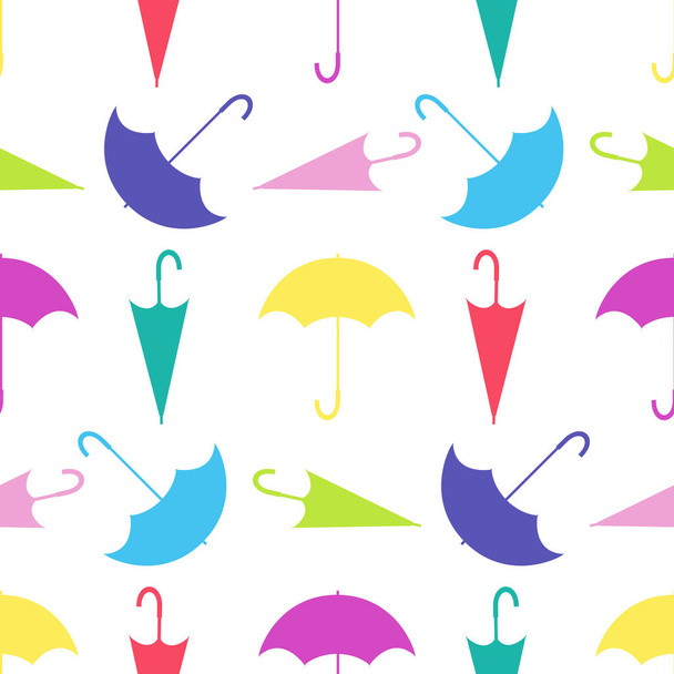 Seamless pattern from umbrellas in different positions on white background. Colored vector illustration. - Vector, afbeelding