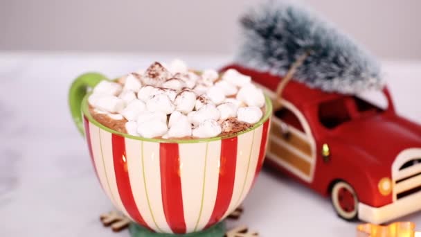 Chocolate caliente americano con aderezos de malvavisco en una taza de Navidad grande
. - Imágenes, Vídeo