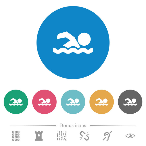Úszás férfi lapos fehér ikonok a kör a színes hátterek. 6 bónusz ikonok is. - Vektor, kép