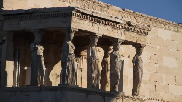 Acropolis of Athens, Greece, with the Parthenon Temple. Famous old Parthenon temple is the main landmark of Athens. View of Odeon of Herodes Atticus, Figures of the Caryatid Porch of the Erechtheion. - Footage, Video