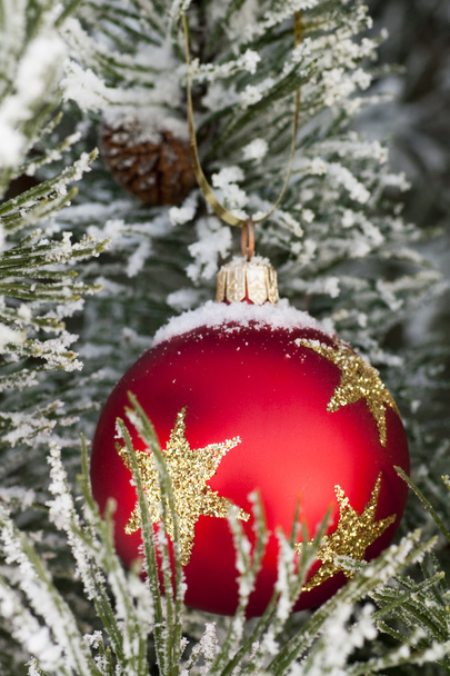 Snow on red christmas bauble - Foto, Imagem