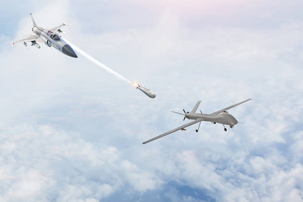Caça de combate lança mísseis em um alvo uav drone militar não tripulado. Conflito, guerra. Forças aeroespaciais
 - Foto, Imagem