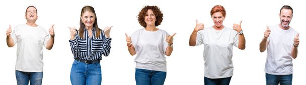 Collage von Gruppe von Senioren über isolierten Hintergrund Erfolgszeichen tun positive Geste mit der Hand, Daumen nach oben lächelnd und glücklich. Blick in die Kamera mit heiterem Gesichtsausdruck, Siegergeste. - Foto, Bild