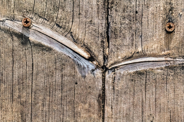 Eski çürümüş yıpranmış düğümlü kaba çam ahşap Grunge yüzey Rusty Phillips vida katıştırılmış ayrıntı ile kırık - Fotoğraf, Görsel