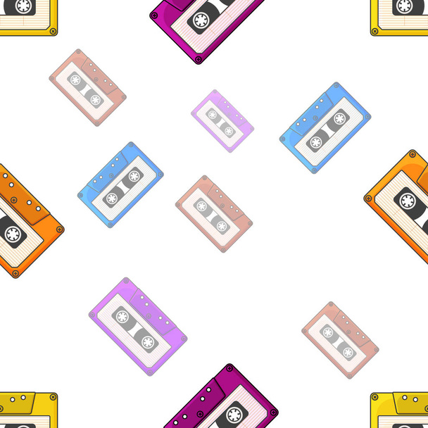 nahtloses Muster mehrfarbiger Audiokassetten-Symbole. isolierte Vektordarstellung auf weißem Hintergrund. - Vektor, Bild