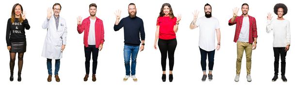 Collage de personas sobre fondo blanco aislado mostrando y apuntando hacia arriba con los dedos número cuatro mientras sonríe confiado y feliz
. - Foto, imagen