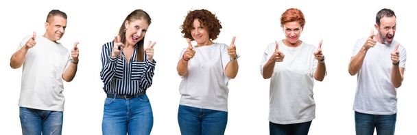 Collage van groep senior mensen over geïsoleerde achtergrond wijzen vingers naar camera met gelukkig en grappig gezicht. Goede energie en vibrafoon. - Foto, afbeelding