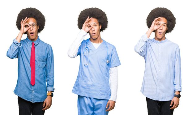 Collage of young man with afro hair over white isolated background doing ok gesture shocked with surprised face, eye looking through fingers. Unbelieving expression. - Photo, Image