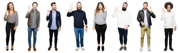 Collage of people over white isolated background Waiving saying hello happy and smiling, friendly welcome gesture - Photo, Image