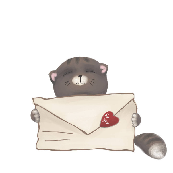 Gray Cat with an envelope in the paws. Valentine card. Kitten is isolated on a white background. - Фото, зображення