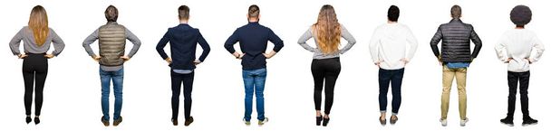 Collage de personas sobre fondo blanco aislado de pie hacia atrás mirando hacia otro lado con los brazos en el cuerpo
 - Foto, Imagen