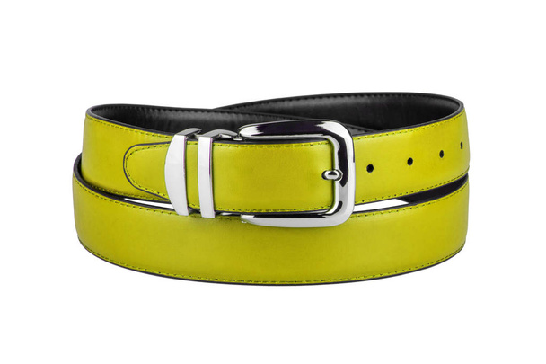 Fastened fashionable men's yellow leather belt with chrome shiny metal buckle isolated on white background - Photo, Image