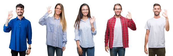 Collage van jongeren over witte geïsoleerde achtergrond glimlachend positieve doen ok teken met de hand en vingers. Succesvolle expressie. - Foto, afbeelding
