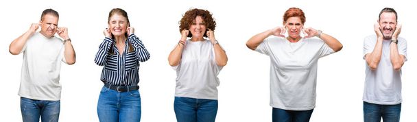 Колаж групи літніх людей над ізольованим тлом, що покриває вуха пальцями з роздратованим виразом для шуму гучної музики. Концепція глухого
. - Фото, зображення