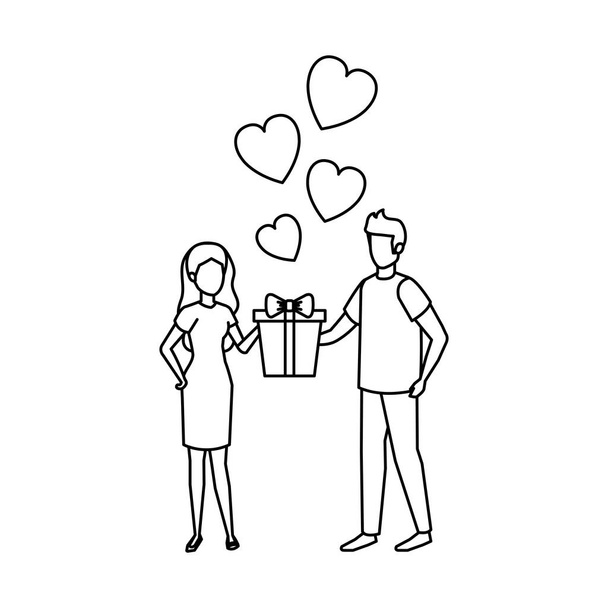 lovers couple with hearts floating and gift - Vector, Image