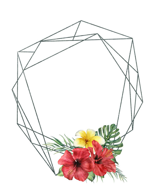 Ακουαρέλα πολυγωνικό πλαίσιο με hibidcus μπουκέτο. Χέρι συρμένο μοντέρνα floral ετικέτα με φύλλα φοίνικα και κλαδιά, plumeria και Μονστέρα που απομονώνονται σε λευκό φόντο. Χαιρετισμός πρότυπο για το σχεδιασμό, εκτύπωση - Φωτογραφία, εικόνα