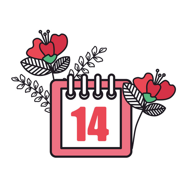ημερολόγιο με την ημέρα του Αγίου Βαλεντίνου 14 και λουλούδια - Διάνυσμα, εικόνα