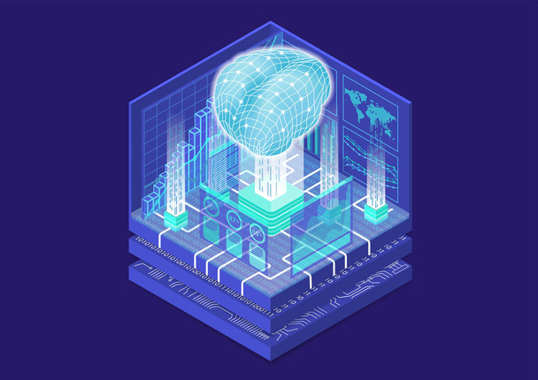 Artificial Intelligence and internet of things concept with digital brain and  as isometric vector illustration - Vektor, obrázek