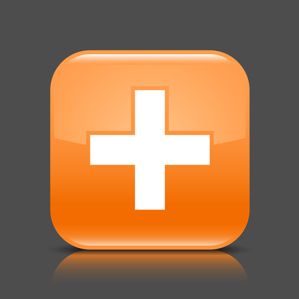 オレンジ色の光沢のある web ボタン追加記号。黒い影と暗い灰色の背景に色の反射を持つ正方形アイコンを丸められます。このベクトル図作成および 8 eps 形式で保存 - ベクター画像
