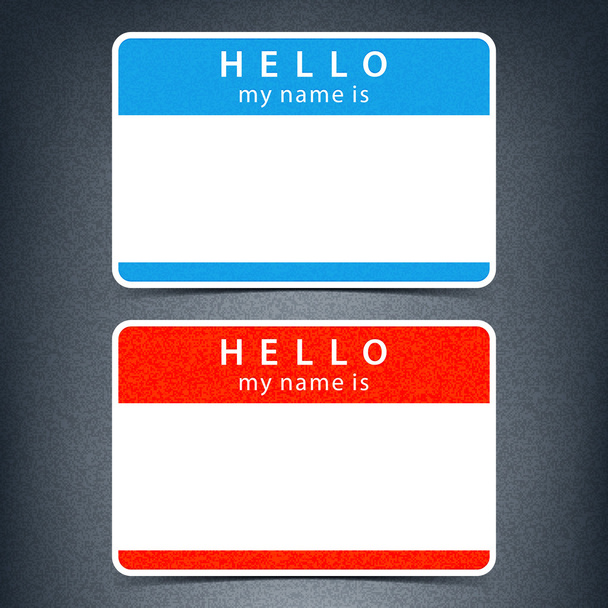 Blue and red name tag blank sticker HELLO my name is with drop black shadow on dark gray background with noise grain texture. This vector illustration clip-art element for design saved in 10 eps - Vector, Image