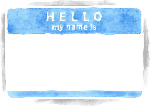 Name tag sticker HELLO my name is on white background. Empty blank blue badge painted handmade draw watercolor technique. This vector illustration clip-art element for design saved in 10 eps - Vector, Image