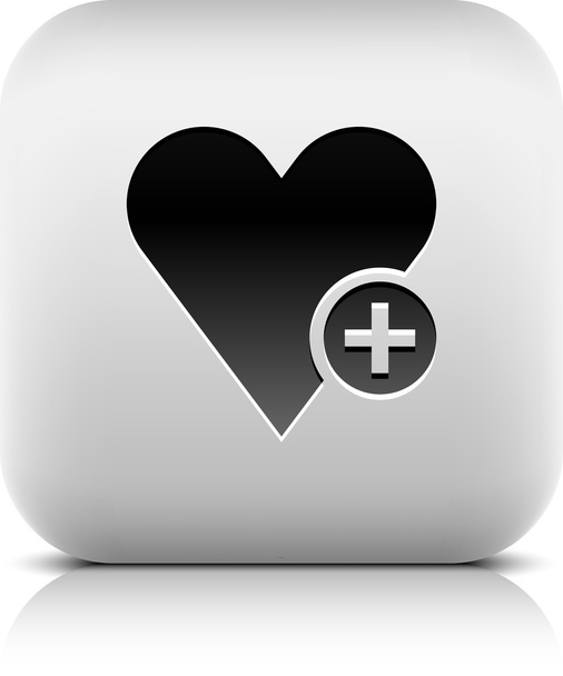 kalp işareti simgesiyle artı glif web. serisi düğmeleri taş stili. Beyaz kare şekli ile siyah gölge ve beyaz arka planda gri yansıma yuvarlak. çizimde tasarım öğesi 8 eps vektör - Vektör, Görsel