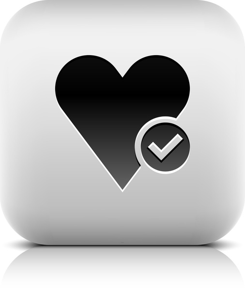 Heart sign web icon with check mark glyph. Series buttons stone style. White rounded square shape with black shadow and gray reflection on white background. Vector illustration design element 8 eps - Vector, Image